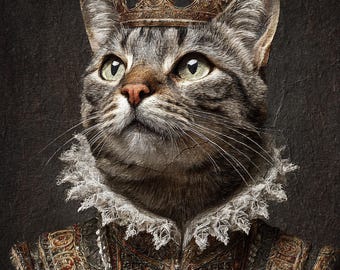 Royal Cat Portrait – Custom Pet Art in Crown and Ornate Gown