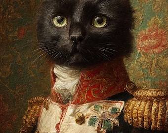 Black Cat Portrait – Custom Pet Art in Military Commander Uniform