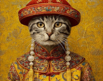 Oriental Emperor Cat Portrait – Custom Pet Art in Imperial Yellow Robes