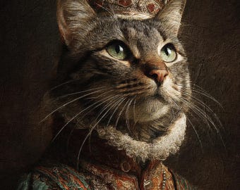 Queen Cat Portrait – Custom Pet Art in Crown and Green Gown