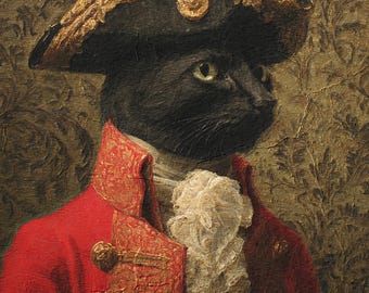 Black Cat Portrait in Red Military Coat – Custom Pet Art in Colonial Style
