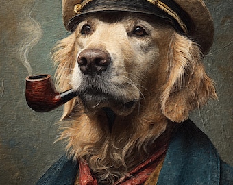 Sailor Dog Portrait – Golden Retriever Captain with Pipe