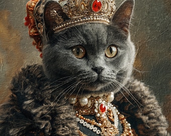 May include: A gray cat wearing a gold crown with a red jewel, a gold necklace with a red jewel, and a fur collar.