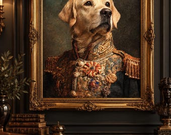 Military Dog Portrait – Custom Pet Art in Ornate Uniform with Medals