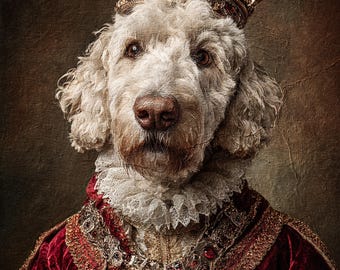 Custom Royal Dog Portrait – Doodle as a King in Gold Crown
