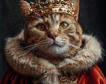 May include: A tabby cat wearing a gold crown with red jewels and a red and gold robe. The cat is looking directly at the viewer.