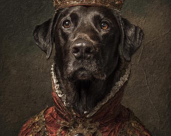 Black Lab King Portrait – Custom Royal Dog in Crown and Cape