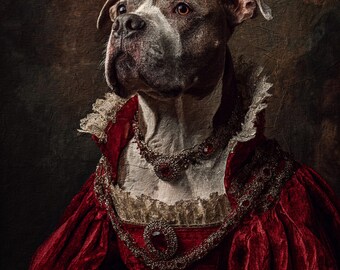 Queen Portrait – Custom Pet Art in Regal Red Gown