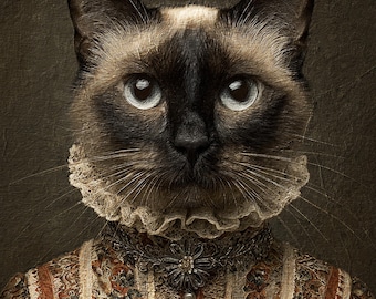 Vintage Siamese Cat Portrait – Custom Pet Art in Baroque Style Outfit