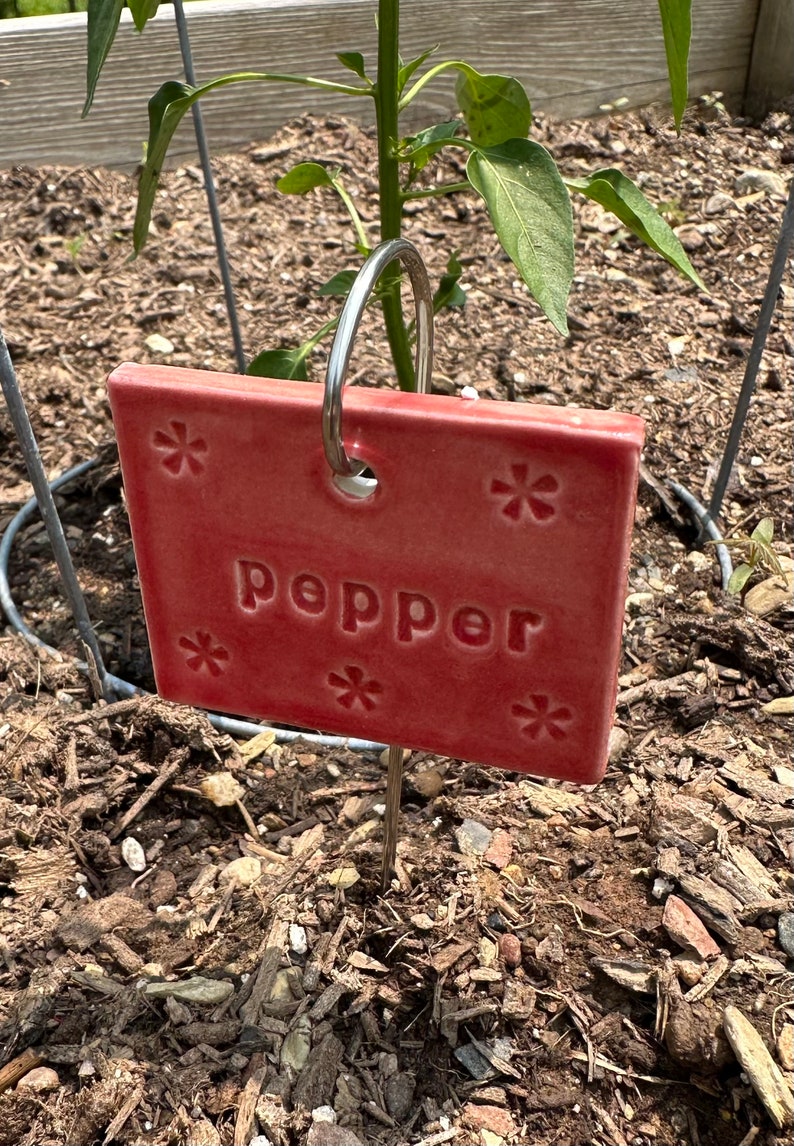 Ceramic hand-made vegetable and herb garden markers, labels includes an 8 stainless steel stake image 4