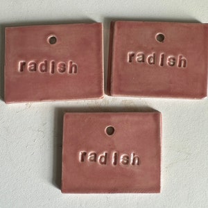 Ceramic hand-made vegetable and herb garden markers, labels includes an 8 stainless steel stake Radish