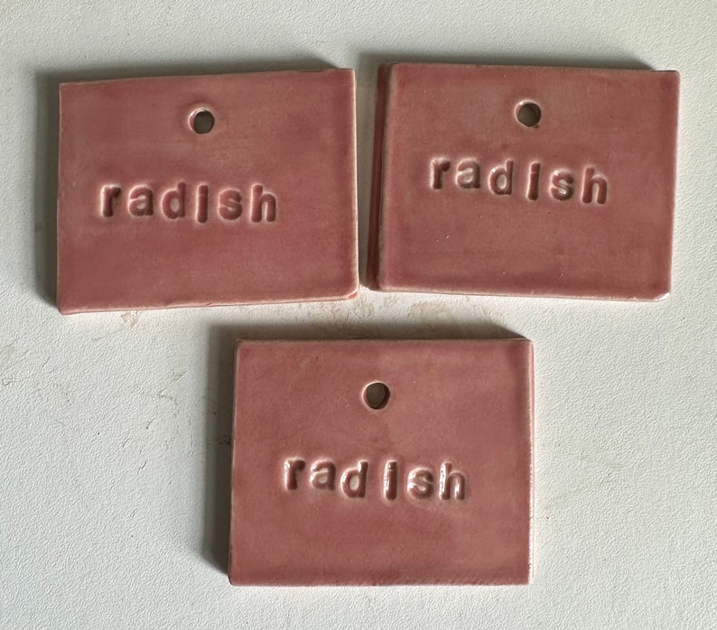 Ceramic hand-made vegetable and herb garden markers, labels includes an 8 stainless steel stake Radish