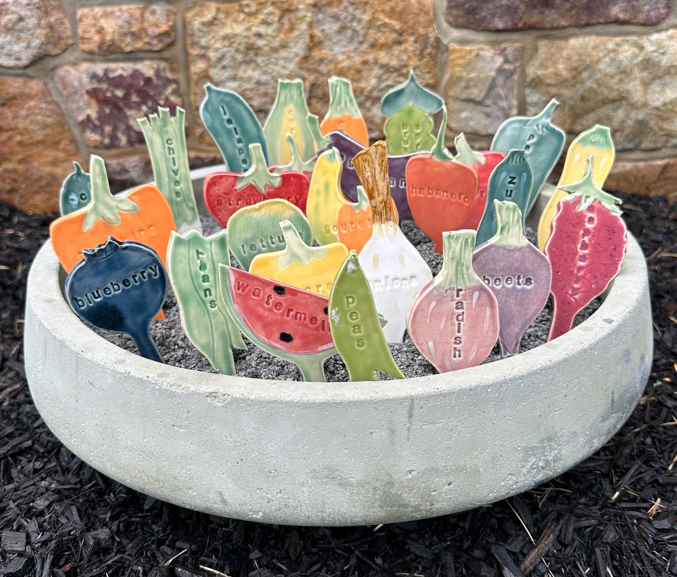ceramic vegetable, fruit and flower garden markers/stakes
