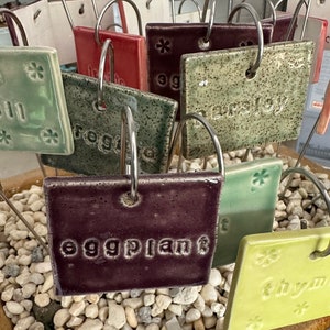 Ceramic hand-made vegetable and herb garden markers, labels - includes an 8” stainless steel stake