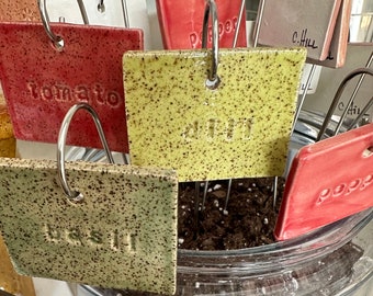 Ceramic hand-made, hand painted vegetable, herb garden markers, labels - includes 8” stainless steel stake
