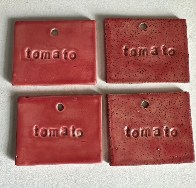 Ceramic hand-made vegetable and herb garden markers, labels includes an 8 stainless steel stake Tomato