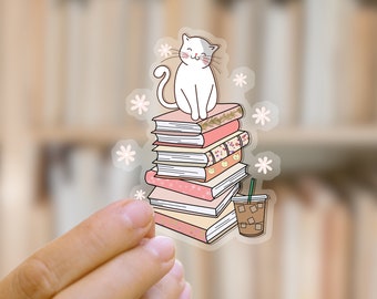 Cat, Books & Coffee Sticker: Clear Glossy Reader Gift