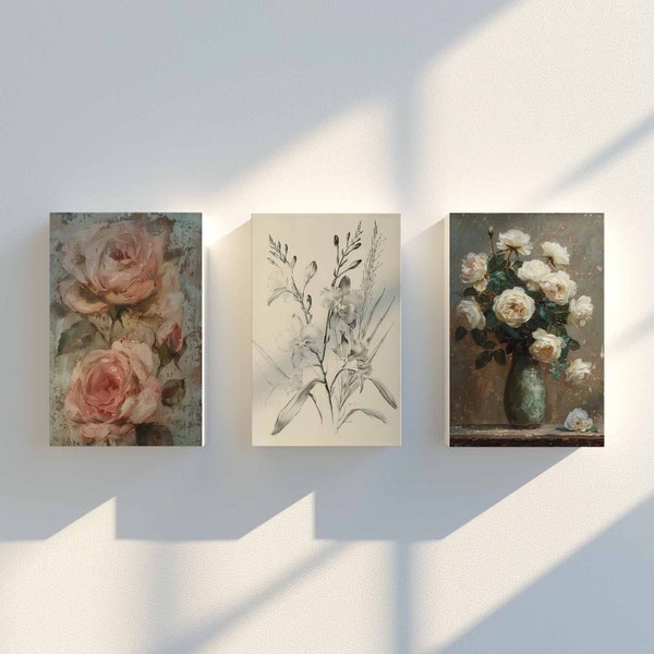 Set of 3 Floral Paintings Classic Elegance Glossy Leaves Nature Inspired Neutral Tones Botanical Accuracy Floral Subjects 1318