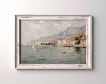 Mediterranean Coastal Painting Vintage Muted Wall Art Digital PRINTABLE Downloadable 1584