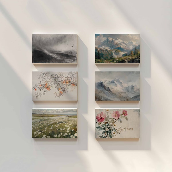 Set of 6 Landscape Paintings Floral Impressionism Pine Tree Forest Shabby Chic Decor Serene Landscape Art Delicate Fruit Art 989