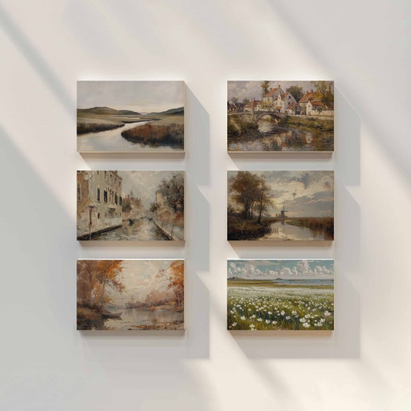 Set of 6 Tranquil Landscapes Cloudy Sky Art Calm Waterway Idyllic Fall Scene Bird In Sky Rustic Boat Art Vibrant Wall Art 1142