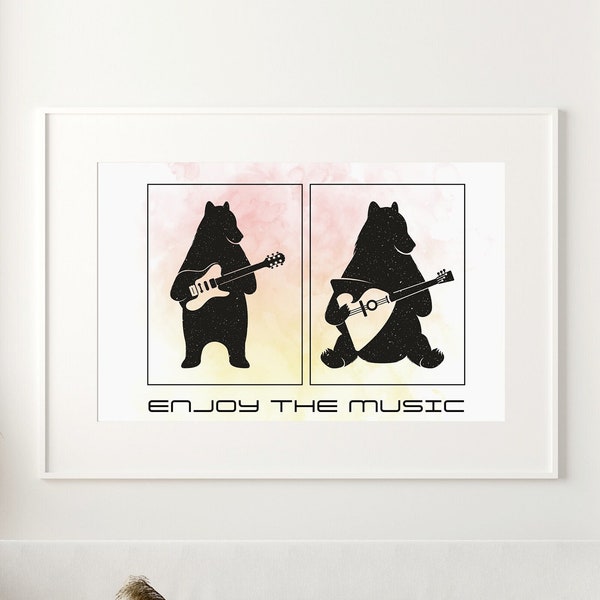 Illustration originale d'ours jouant de la guitare.  Affiche murale, poster, tableau numérique à télécharger et imprimer. Art mural.