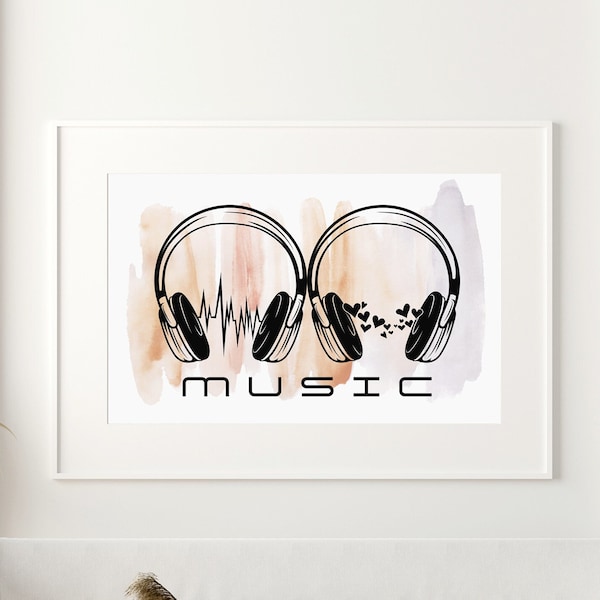 Headphones. Music. Modern and original illustration. Digital design to print for a wall poster, t-shirt, cap or other.