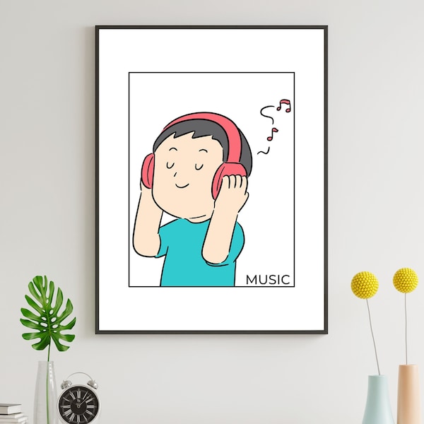 Original illustration of a boy listening to music. Digital image to print for a wall poster, t-shirt, cap or other.