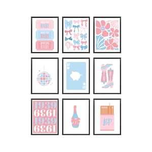May include: Nine framed art prints with a white background. The prints feature various illustrations in pastel colors, including bows, flowers, a disco ball, a playing card, cowboy boots, and text that reads "ADMIT ONE BABE" and "1939 6861".