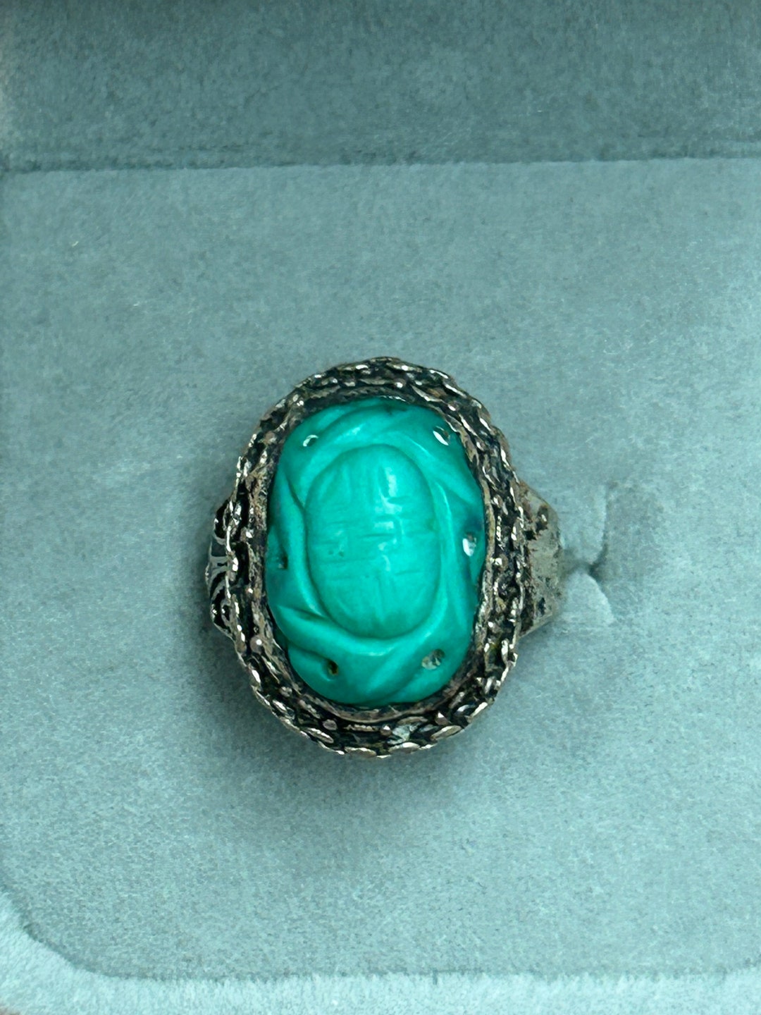 Bague Ancienne En Jade Sculpté - Plaqué Argent 925 - Taille Réglable - Style Cocktail Vintage