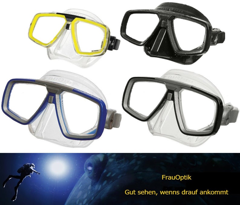 Op de afbeelding: Vier verschillende duikmaskers met heldere siliconen frames en verschillende gekleurde lenzen. De maskers zijn in een rasterpatroon gerangschikt. De tekst "FrauOptik" en "Gut sehen, wenn's drauf ankommt" is zichtbaar onderaan de afbeelding.