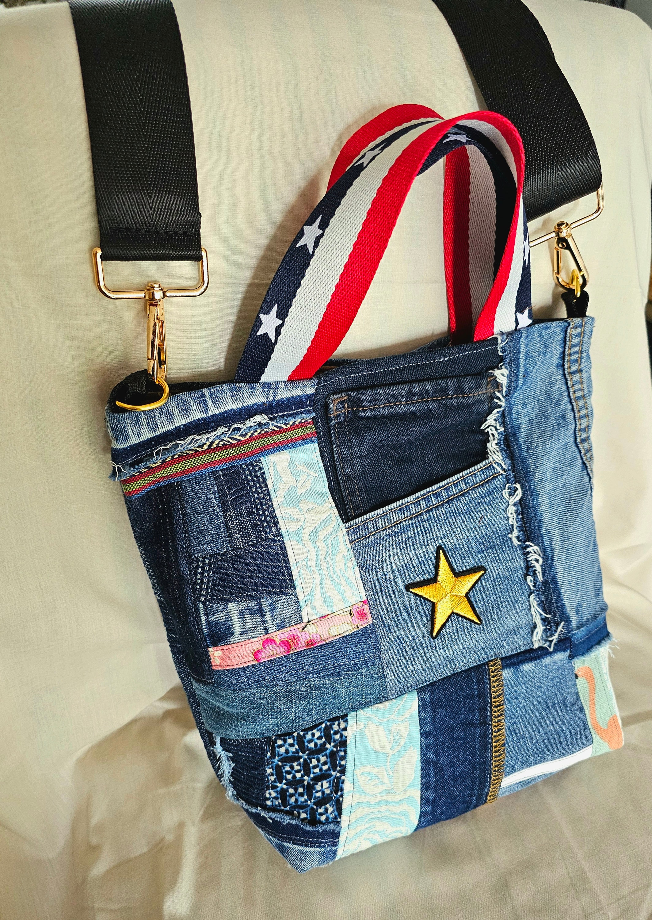 Denim Patchwork Tote Crossbody Bag, Cute Jeans Bag, Golden Star
