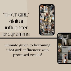 Könnte beinhalten: Zwei Screenshots eines Mobiltelefons, die ein Raster mit Bildern anzeigen. Die Bilder zeigen eine junge Frau in verschiedenen Umgebungen, darunter eine Stadtstraße, ein Strand und ein Hotelzimmer. Der Text "THAT GIRL" Digital Influencer Programm ultimativer Leitfaden, um ein "that girl" Influencer zu werden, mit garantierten Ergebnissen!" wird unter den Bildern angezeigt.