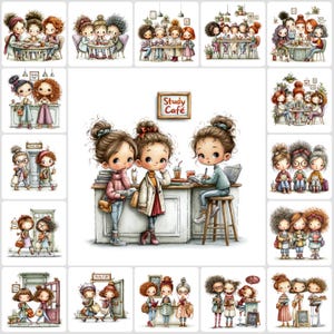 May include: Watercolor illustrations of young women in various settings, including a cafe and outdoor scenes. The images feature groups of girls, some studying, others socializing, with a soft, pastel color palette and the text "Study Cafe".