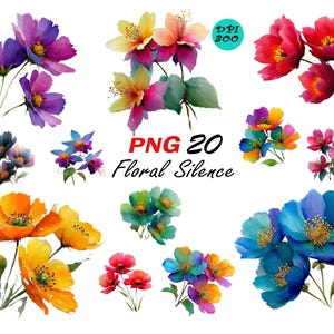 Silencio floral - 20 imágenes prediseñadas con flores, pétalos de acuarela, arte de ramo, imágenes prediseñadas para imprimir, corona floral, flores pintadas