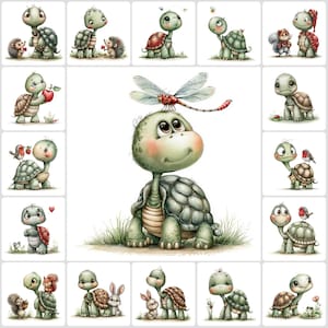 Puede incluir: Una colección de ilustraciones que presenta una tortuga verde en varias escenas con animales pequeños como erizos, ardillas, conejos y pájaros. La imagen central muestra una gran tortuga verde con una libélula roja sobre su cabeza.