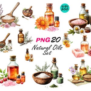 Puede incluir: Ilustración en acuarela de un conjunto de aceites naturales. La imagen presenta varias botellas de vidrio con tapones de corcho, cuencos de madera, cucharas y flores. El texto "PNG 20 Natural Oils Set" es visible.