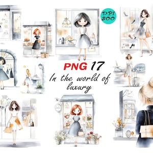 In the world of luxury,digital fashion png,elegant woman png,designer store art,chic boutique scene,Elegant Woman Art for Cards, Branding
