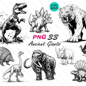 May include: Black and white illustrations of ancient giants, including a Tyrannosaurus Rex, Stegosaurus, saber-toothed tiger, and a woolly mammoth. The text "PNG 33 Ancient Giants" is also included.