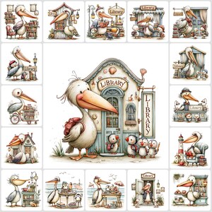 Peut inclure: Une collection d'illustrations à l'aquarelle représentant des pélicans et des pingouins dans une bibliothèque. Les pélicans lisent des livres, certaines scènes les montrent près d'une bibliothèque avec le mot "Library" sur une enseigne.
