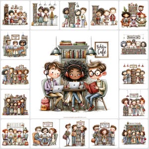 Peut inclure: Illustrations à l'aquarelle de personnes dans une librairie et un café. Les images montrent des scènes de lecture, d'utilisation d'ordinateurs portables et de socialisation. La palette de couleurs est douce, créant une atmosphère chaleureuse. Le texte "Bookstore Cafe" est visible.