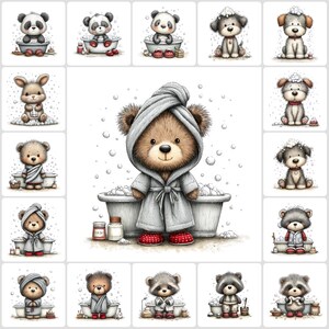 May include: A collection of watercolor illustrations featuring various animals in a spa-like setting. The images include pandas, dogs, a rabbit, a bear, and raccoons, all depicted in bathrobes and towels, with bubbles and bath tubs.