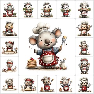 Peut inclure: Une collection d'illustrations fantaisistes mettant en scène divers animaux vêtus de tenues de chef. Chaque animal, dont un koala, un panda et un paresseux, porte une toque et un tablier. Certains tiennent des ustensiles de cuisine ou préparent des aliments, comme des crêpes. Les images sont de style cartoon.