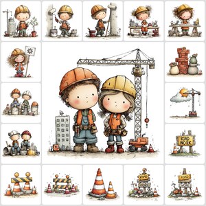 Può includere: Una collezione di illustrazioni ad acquerello con operai edili ed elementi di lavori stradali. Le immagini includono personaggi dei cartoni animati con caschi, attrezzature edili e segnali stradali. La tavolozza dei colori è tenue, con accenti arancioni, blu e gialli.