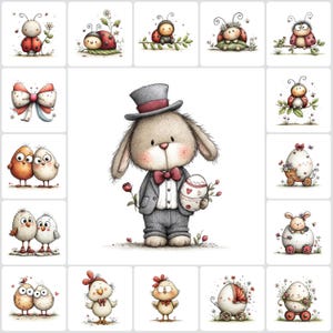 May include: A collection of whimsical Easter-themed illustrations. The images feature a dapper bunny in a suit holding an Easter egg, along with ladybugs, chicks, and decorated eggs. The artwork has a soft, watercolor style with pastel colors.