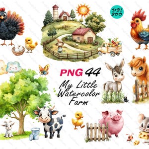 May include: Watercolor illustrations of farm animals and scenery. Includes a rooster, hen, chick, cow, pig, donkey, horse, goat, and mouse. The image also features a farm scene with a house, silo, and a truck carrying produce. The text "My Little Watercolor Farm" is also present.