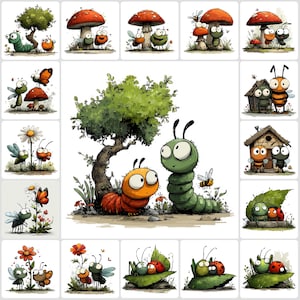 Könnte beinhalten: Eine Sammlung skurriler Illustrationen mit Cartoon-Insekten, darunter Raupen, Bienen und Marienkäfer. Die Bilder zeigen leuchtende Farben und verspielte Szenen mit Pilzen, Blumen und Bäumen. Die Kunstwerke haben eine fröhliche und einladende Ästhetik.
