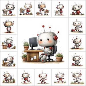 Könnte beinhalten: Eine Sammlung skurriler Illustrationen mit entzückenden Robotern in verschiedenen Szenarien. Die Roboter mit ihren runden Köpfen und Antennen werden beim Einkaufen, am Schreibtisch und bei der Erledigung von Hausarbeiten dargestellt. Die Farbpalette umfasst Rot, Weiß und Grau.