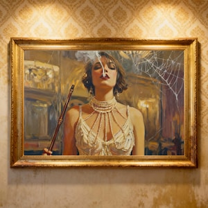 May include: A framed oil painting depicting a person with short dark hair wearing a white beaded bodice and a multi-strand pearl necklace. The person holds a thin brown pipe, exhaling smoke, set against a background with a spiderweb pattern.