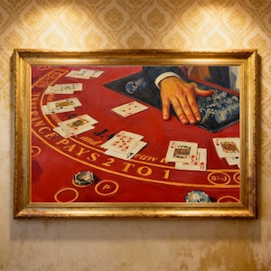 May include: A framed painting depicting a blackjack table with playing cards and a hand. The table is red with gold lettering and a gold frame. The background features patterned wallpaper.